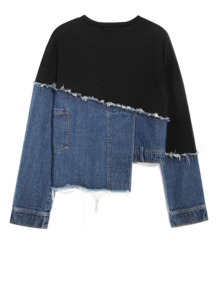 Loose Fit Denim Burr Split Asymmetrical Sweatshirt New Round Neck Long Sleeve Women Big Size Fashion Spring 2025 1M87901