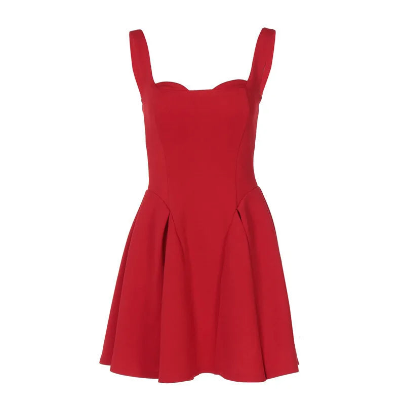 Spaghetti Strap Backless Sexy Mini Dress For Women Robe Solid Sleeveless High Waist A-line Pleated Club Party Dress