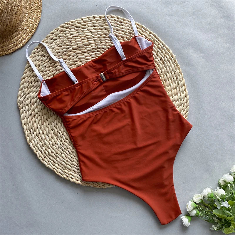 Halter Bandeau One Piece Swimsuit 2024 Swimwear for Women Sexy High Waist Bathing Suit Patchwork Monokini