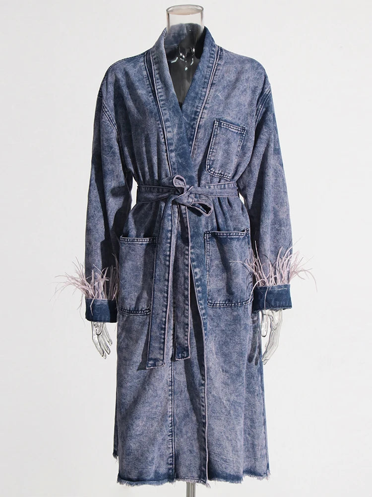 Hit Color Spliced Feathers Gradient Denim Coats For Women V Neck Long Sleeve Patchwork Lace Up Vintage Loose Coat Female