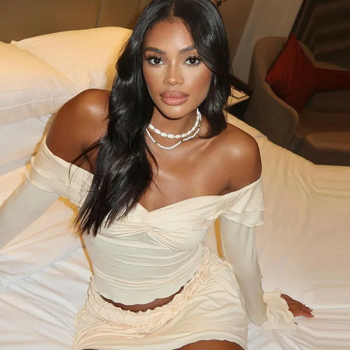 Load image into Gallery viewer, Slim Sexy Skirt Two Piece Sets Women Strapless Long Sleeve Crop Top And Hot Mini Skirt Female Party Two Piece Sets
