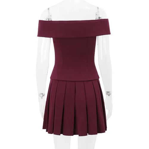 Load image into Gallery viewer, Sexy Skirt Two Piece Set Women Off-shoulder Tops And Pleated Mini Skirt Matching Sets Femme Fashion Two Piece Set
