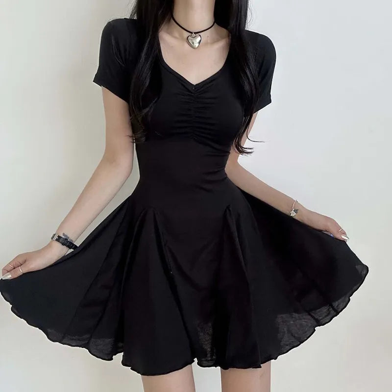 V Neck Folds Folds Basic Short Casual Dress for Women Korean Fashion A-Line Sundress Draped Summer Dresses Clothing