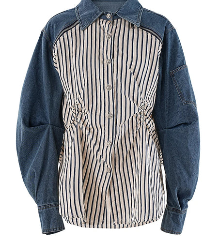 Women Blue Striped Pleated Denim Big Size Blouse New Lapel Long Sleeve Shirt Fashion Tide Spring Autumn 2025 CP3262