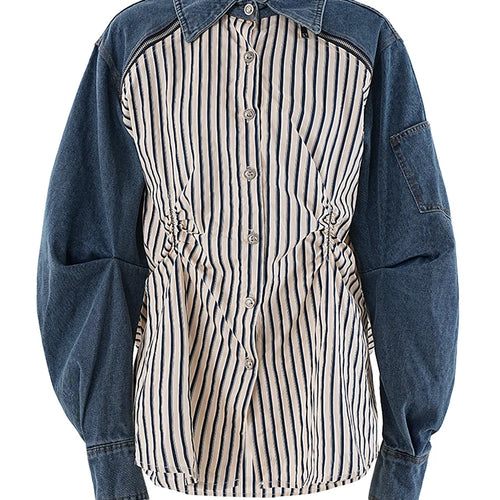 Load image into Gallery viewer, Women Blue Striped Pleated Denim Big Size Blouse New Lapel Long Sleeve Shirt Fashion Tide Spring Autumn 2025 CP3262
