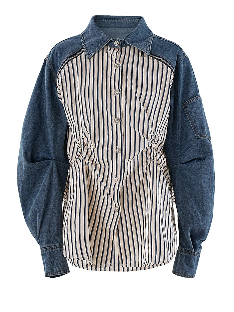 Women Blue Striped Pleated Denim Big Size Blouse New Lapel Long Sleeve Shirt Fashion Tide Spring Autumn 2025 CP3262