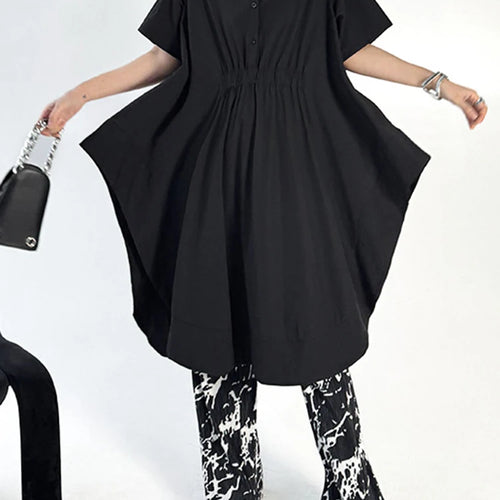 Load image into Gallery viewer, Women Black Side Slit Irregular Big Size Midi Shirt Dress New Lapel Short Sleeve Fashion Tide Spring Summer 2025 1DJ1121
