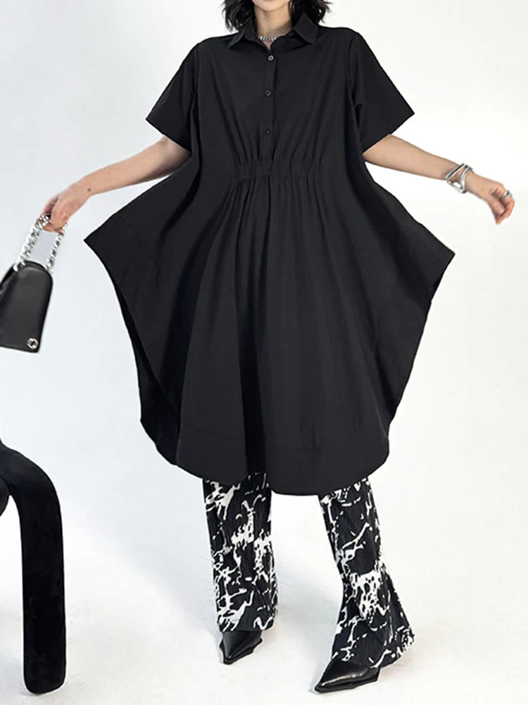 Women Black Side Slit Irregular Big Size Midi Shirt Dress New Lapel Short Sleeve Fashion Tide Spring Summer 2025 1DJ1121