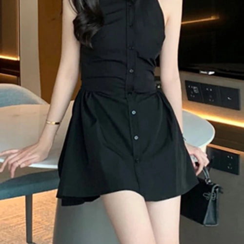 Load image into Gallery viewer, Black Halter Polo Neck Female Shirt Dress Slim Waist Sleeveless Solid Color Single Breasted Women&#39;s Dresses Office Lady
