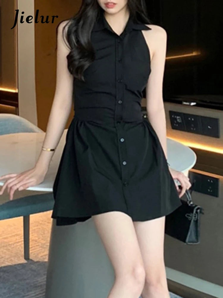 Black Halter Polo Neck Female Shirt Dress Slim Waist Sleeveless Solid Color Single Breasted Women's Dresses Office Lady