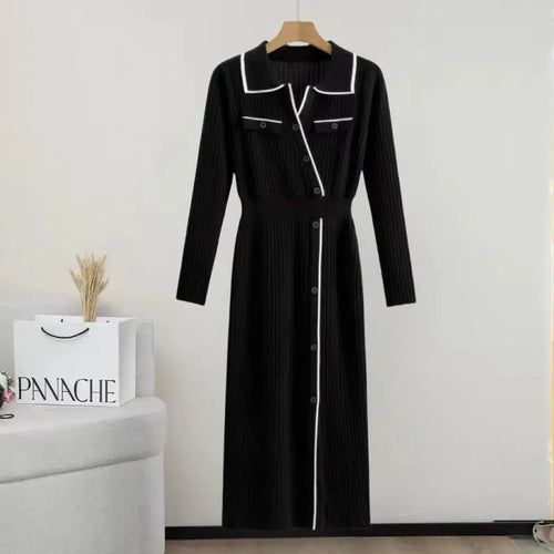 Load image into Gallery viewer, Korean Fashion 2024 Autumn Winter New Office Ladies Patchwork Elegant Long Sleeve Knitted Dress Women Slim Button Dresses Trendy

