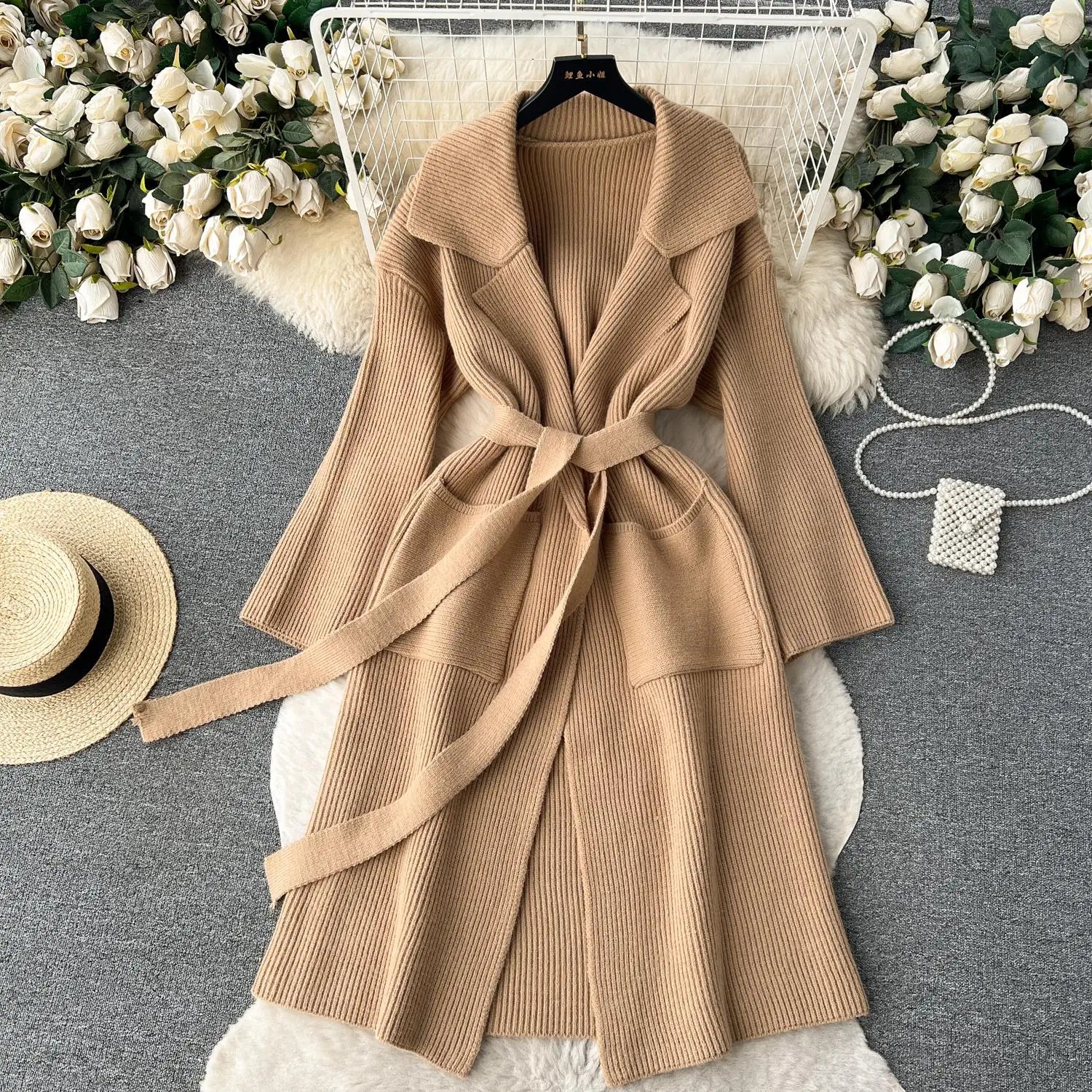 Korean New Autumn Winter Women Simplicity Solid Long Sleeves Vacation Bandage Cardigan Knitwear Sweater Coat Fashion Trend Thick
