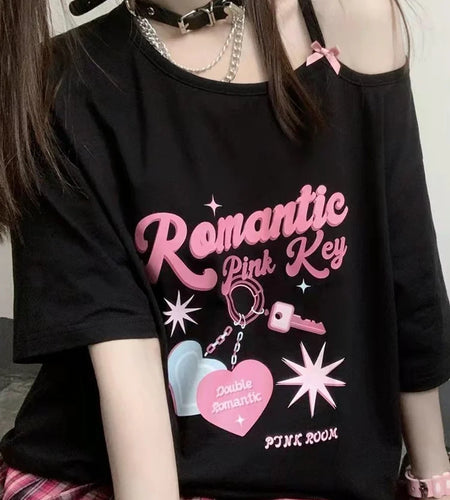 Harajuku Y2k Egirl T Shirt Women Korean Style Love Heart Print Gothic Off Shoulder Tee Punk Graphic Top