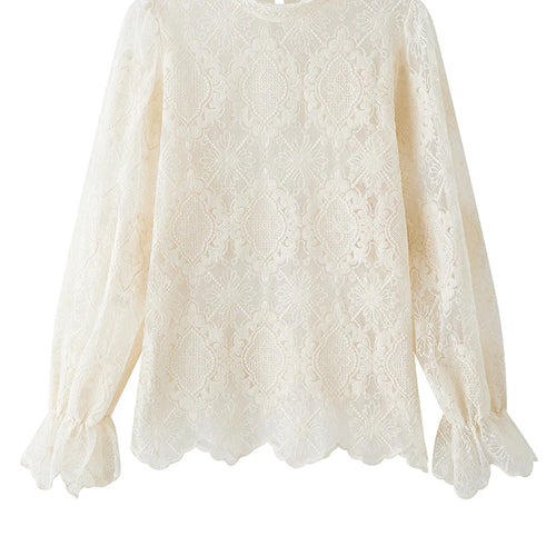 Load image into Gallery viewer, Women Apricot Lace Perspective Elegant T-shirt New Stand Collar Long Sleeve Fashion Tide Spring Autumn 2025 1DH9585
