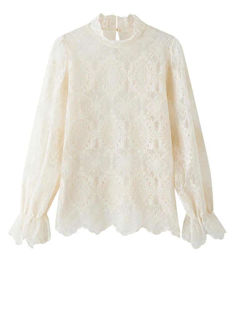 Women Apricot Lace Perspective Elegant T-shirt New Stand Collar Long Sleeve Fashion Tide Spring Autumn 2025 1DH9585