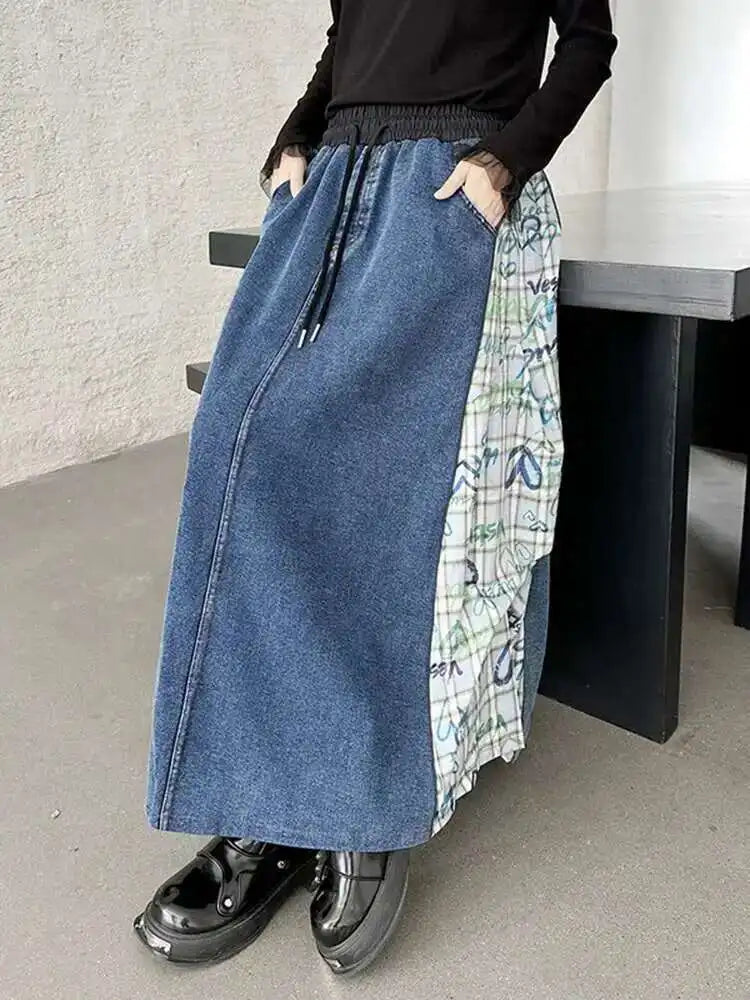High Elastic Waist Green Pattern Printed Denim A-line Half-body Skirt Women Fashion Tide New Spring Autumn 2025 1DH8732