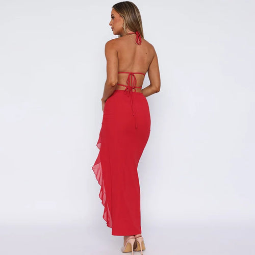 Load image into Gallery viewer, Ruffle Sexy V-neck Backless Sleeveless Lace-up Thigh Split Patchwork Maxi Dress For Women Slim Party Evening  Dress
