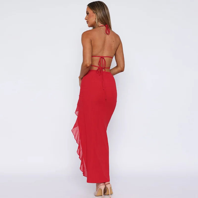 Ruffle Sexy V-neck Backless Sleeveless Lace-up Thigh Split Patchwork Maxi Dress For Women Slim Party Evening  Dress
