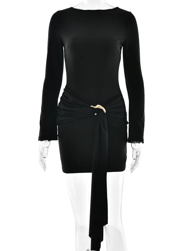 Elegant Long Sleeved Bodycon Lace Up Dress Women Autumn/Winter New Round Neck Tight Party Evening Dress2025 Slim Vestido