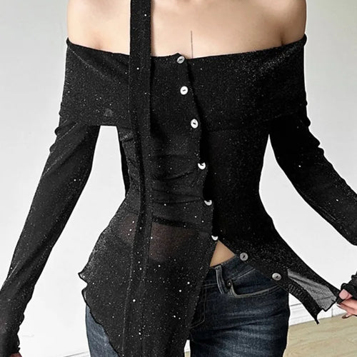 Load image into Gallery viewer, 2025 Black Shiner Slash Neck Tees Vintage Irregular Single Breasted Harajuku Crop Tops Grunge Slim Women T-shirts Y2k Aesthetic
