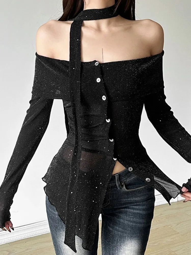 2025 Black Shiner Slash Neck Tees Vintage Irregular Single Breasted Harajuku Crop Tops Grunge Slim Women T-shirts Y2k Aesthetic