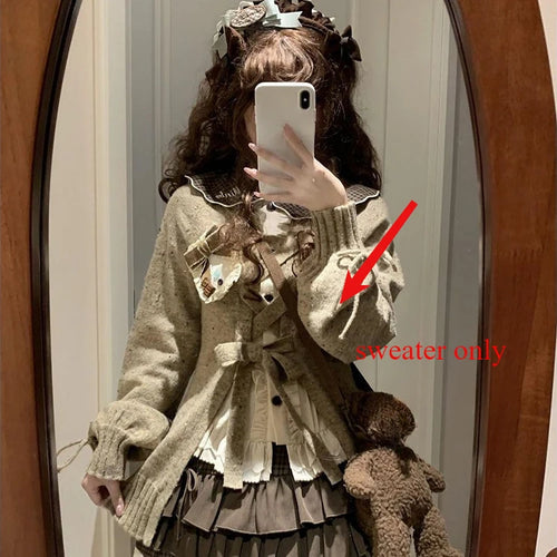 Load image into Gallery viewer, Japanese Sweet Lolita Cardigans Women Y2k Aesthetic Hollow Out Bandage Sweater Kawaii Bow Pocket 2025 Casual Streetwear JK Tops
