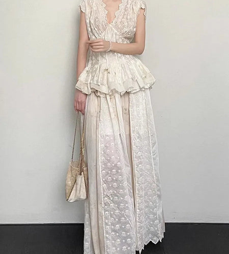 Solid Spliced Embroidery Two Piece Sets for Women V Neck Short Sleeves Patchwork Ruffles Top Long Skirt Set Female