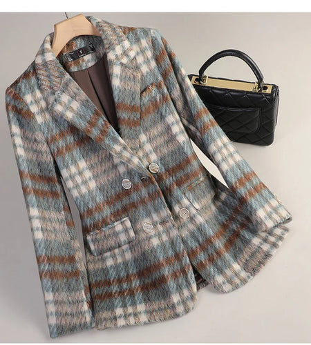 Korean Women Fashion Plaid Double Breasted Woolen Blazer Coat Vintage Long Sleeve Temperament Office Lady Top Chic Autumn Winter