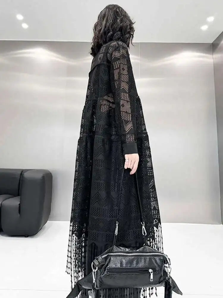Women Black Lace Jacquard Perspective Big Size Shirt Dress New Lapel Long Sleeve Fashion Tide Spring Autumn 2025 1DH894201