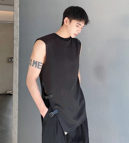 Summer Vest Solid Color Personality Adjustment Button Design Round Neck Sleeveless Top Popular Fashion 9C5514