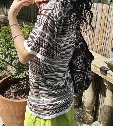 Women Black Coffee Striped Thin Knitting T-shirt New Round Neck Short Sleeve Fashion Tide Spring Summer 2025 1DJ1529