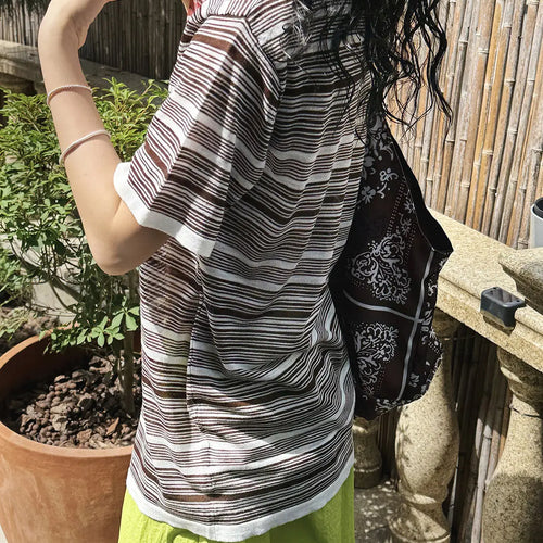 Load image into Gallery viewer, Women Black Coffee Striped Thin Knitting T-shirt New Round Neck Short Sleeve Fashion Tide Spring Summer 2025 1DJ1529
