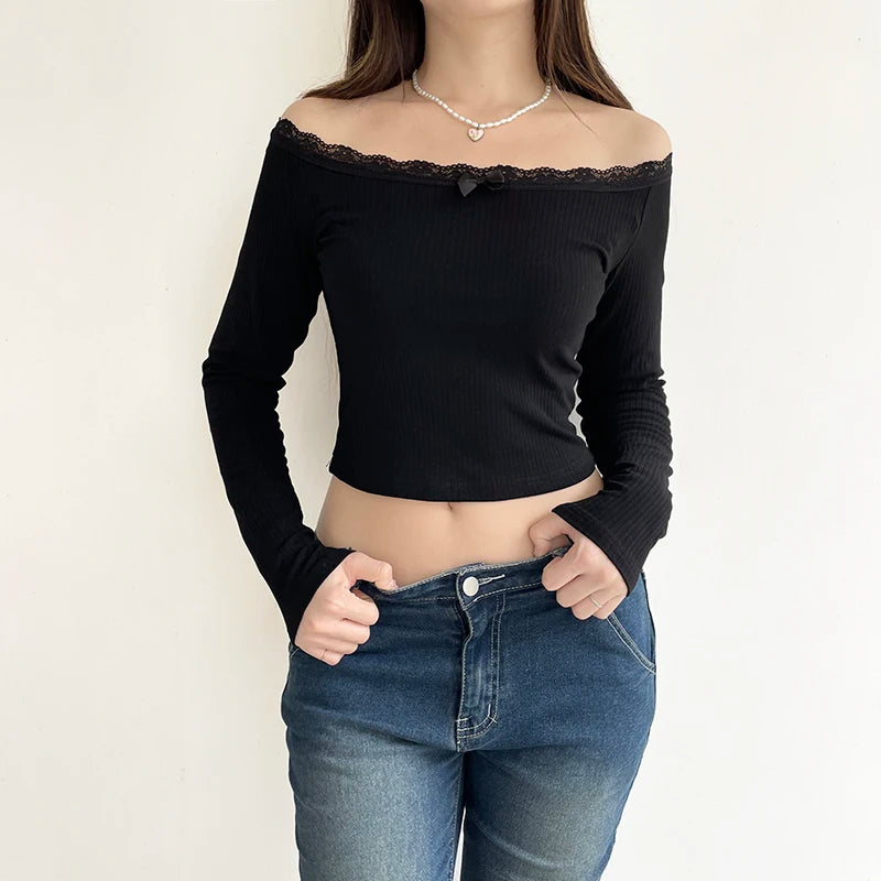 Fashion Black Basic Autumn T shirt Female Lace Trim Knit Crop Top Bow Off Shoulder Korean Elegant Sexy Tee Pullovers