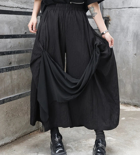 High Elastic Waist Black Irregular Spliced Long Wide Leg Pants New Trousers Women Fashion Tide Spring Autumn 2025 1DJ0548