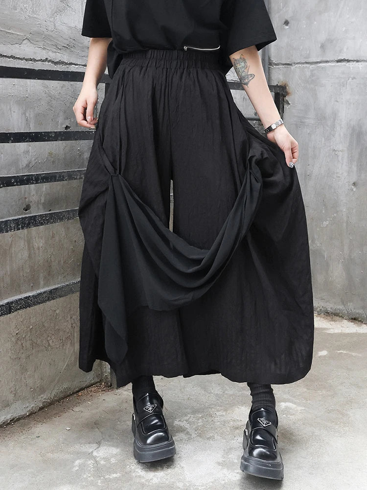 High Elastic Waist Black Irregular Spliced Long Wide Leg Pants New Trousers Women Fashion Tide Spring Autumn 2025 1DJ0548