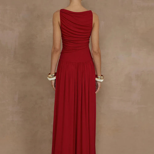 Load image into Gallery viewer, Elegant Sleeveless Maxi Dress For Women Fashion Solid Boat Neck Tank Dresses Ladies Sexy Ruched Long Dress New Gown
