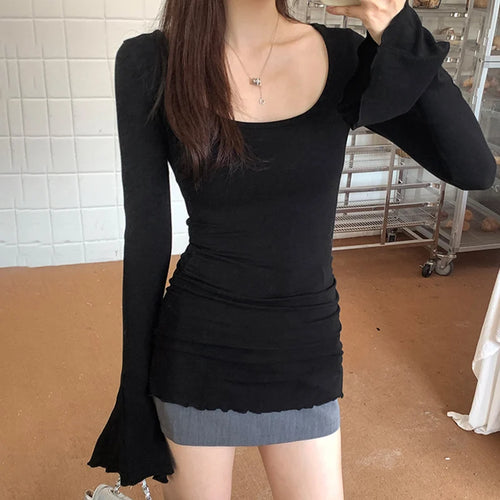Load image into Gallery viewer, y2k Tops for Women Aesthetic Clothing Solid Color Round Neck Flared Long Sleeve T Shirts 2000s Clothes Streetwear
