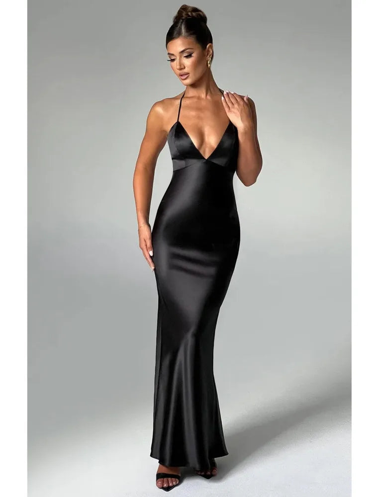 Sexy Sleeveless Backless Slim Fitting Dress For Women Elegant Party Evening Long Dress Satin Temperament Female Vestidos