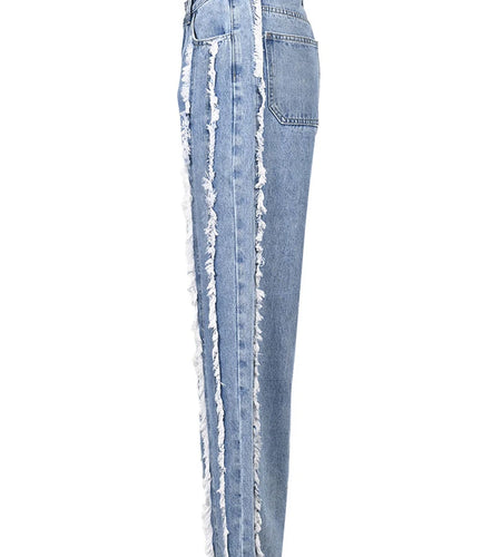 Patchwork Pockets Casual Denim Pants For Women High Waist Spliced Button Loose Straight Leg Jeans Female Fashion