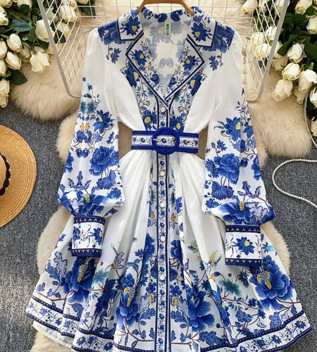 French Vintage Black Blue Flower Elegant High Waist Long Sleeved A Line Dresses Spring Fashion Evening Party Gown Dress Bohemian