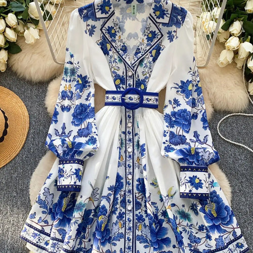 Load image into Gallery viewer, French Vintage Black Blue Flower Elegant High Waist Long Sleeved A Line Dresses Spring Fashion Evening Party Gown Dress Bohemian
