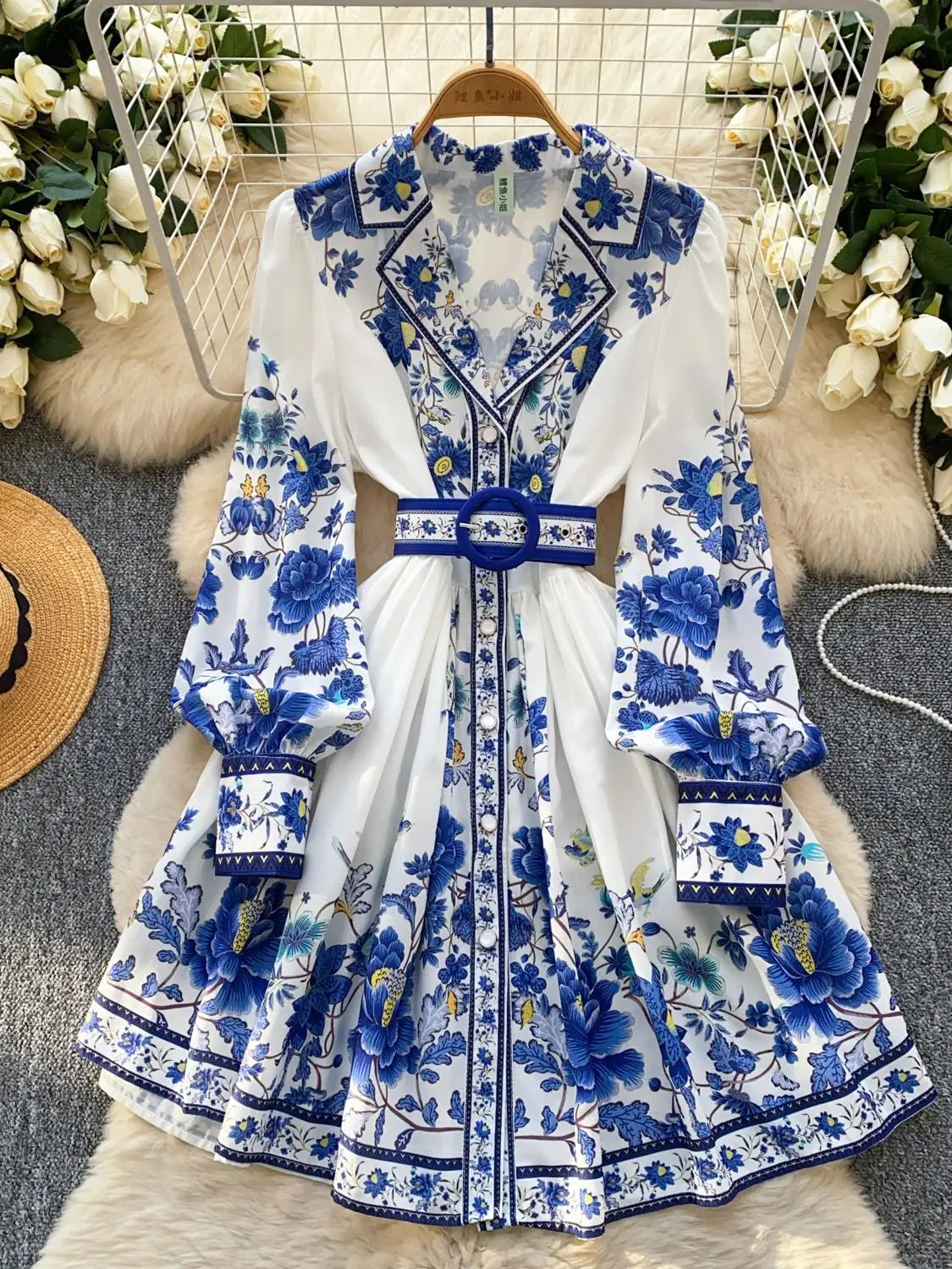 French Vintage Black Blue Flower Elegant High Waist Long Sleeved A Line Dresses Spring Fashion Evening Party Gown Dress Bohemian