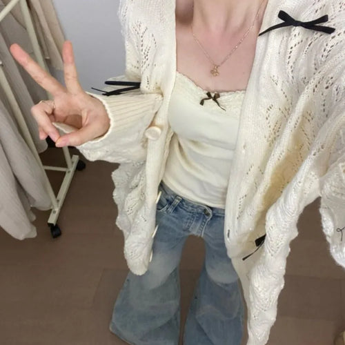 Load image into Gallery viewer, Autumn Grunge Sweet Bow Knitted Cardigans Y2k Aesthetic Hollow Out Oversized Coats Single Breasted Women Kawaii Sweaters Tops
