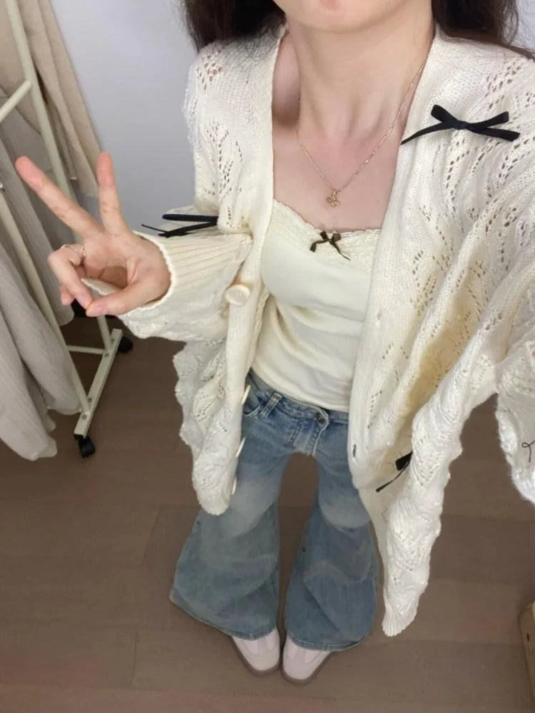 Autumn Grunge Sweet Bow Knitted Cardigans Y2k Aesthetic Hollow Out Oversized Coats Single Breasted Women Kawaii Sweaters Tops