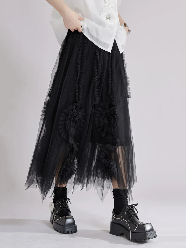 High Elastic Waist Apricot 3d Flower Mesh A-line Half-body Skirt Women Fashion Tide New Spring Autumn 2025 1DJ1515