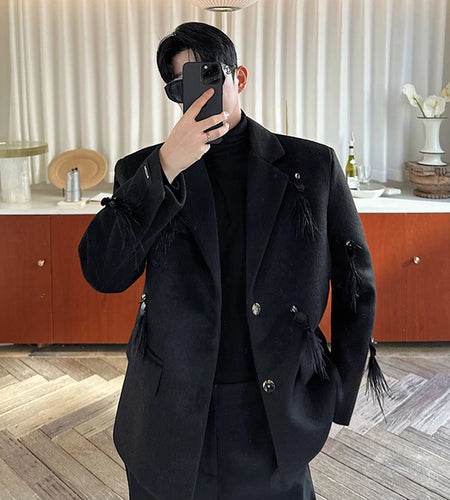 Niche Design Men's Blazers Lapel Sequins Feather Handmade Woolen Single Breasted Solid Color Male Suit Jackets Chic 9C8868