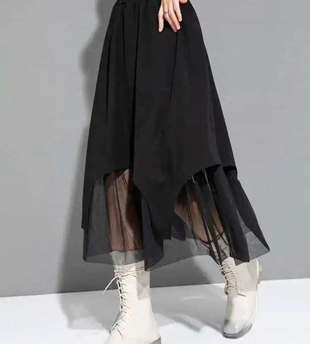 High Elastic Waist Black Mesh Fake Two Long CasualHalf-body Skirt Women Fashion Tide New Spring Autumn 2025 1DF6509