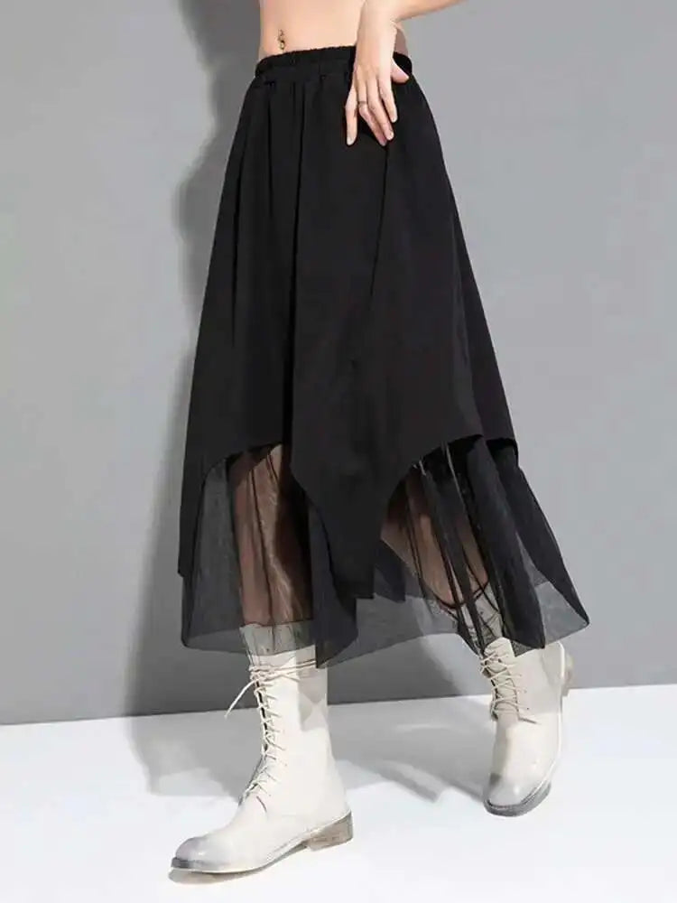 High Elastic Waist Black Mesh Fake Two Long CasualHalf-body Skirt Women Fashion Tide New Spring Autumn 2025 1DF6509