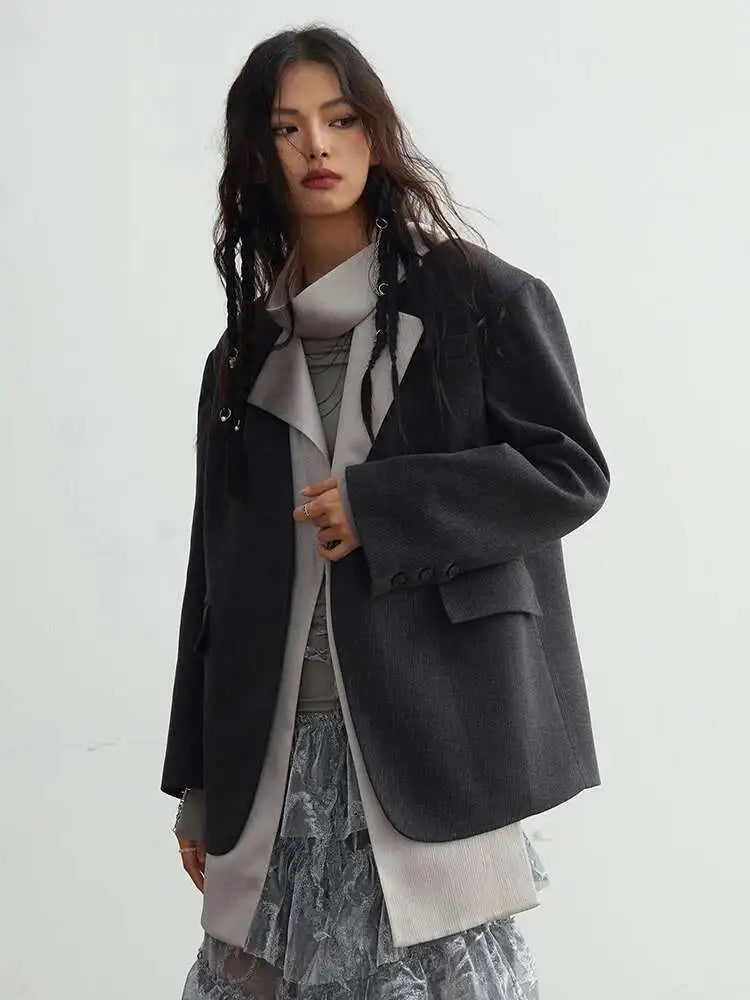 Women Black Irregular Big Size Blazer New Lapel Scarf Long Sleeve Fit Jacket Fashion Tide Spring Autumn 2025 1DH2113