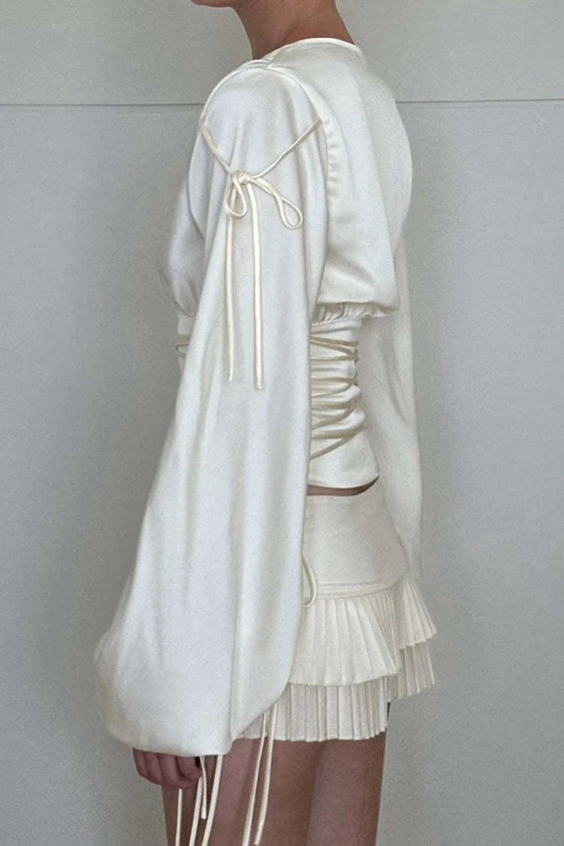 Lace-up Long Sleeve Sexy T-shirt Women Tops White Bandage Deep V Neck Ruched Slim Tees Ladies Fashion Solid Tops